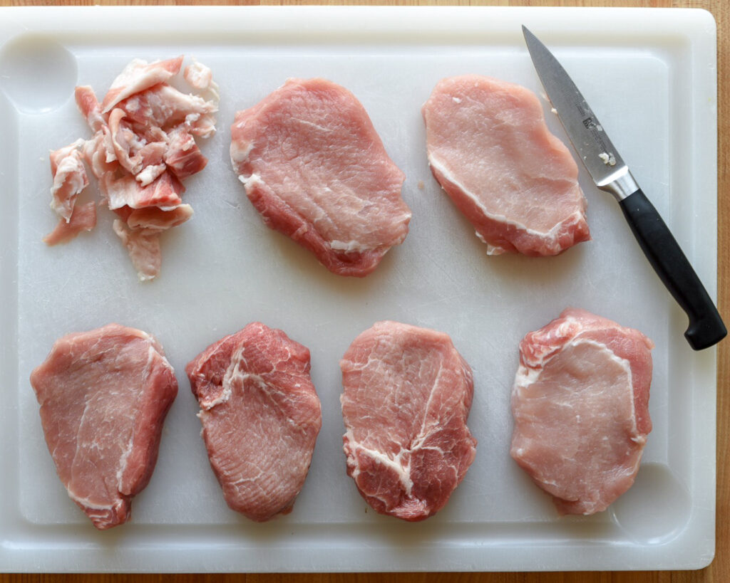 Six pork loin rib end boneless chops trimmed of all excess fat 
