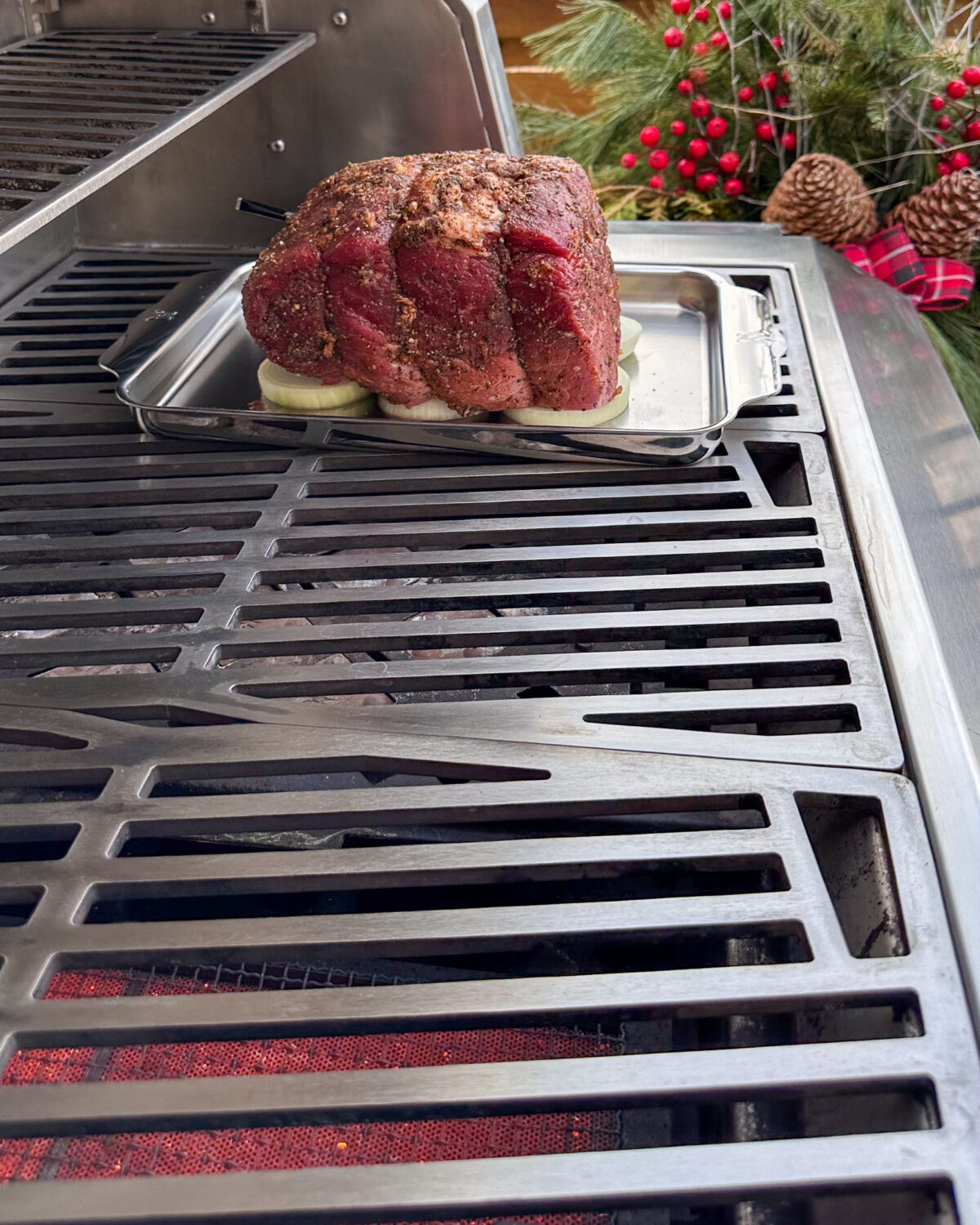 Place the roast on the indirect side of the grill.