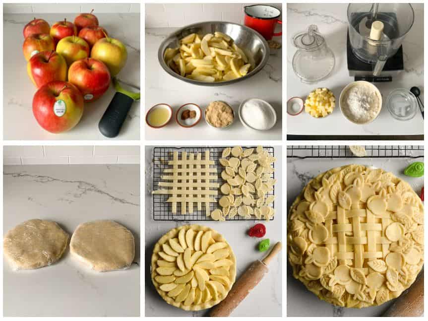 The steps to make an Ambrosia apple pie with a short crust.