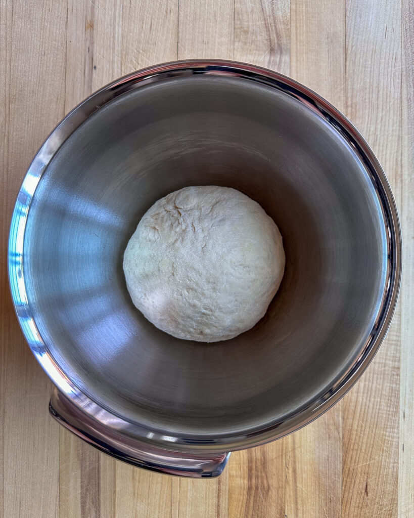 Place the dough ball in a bowl and cover with plastic wrap to rise.