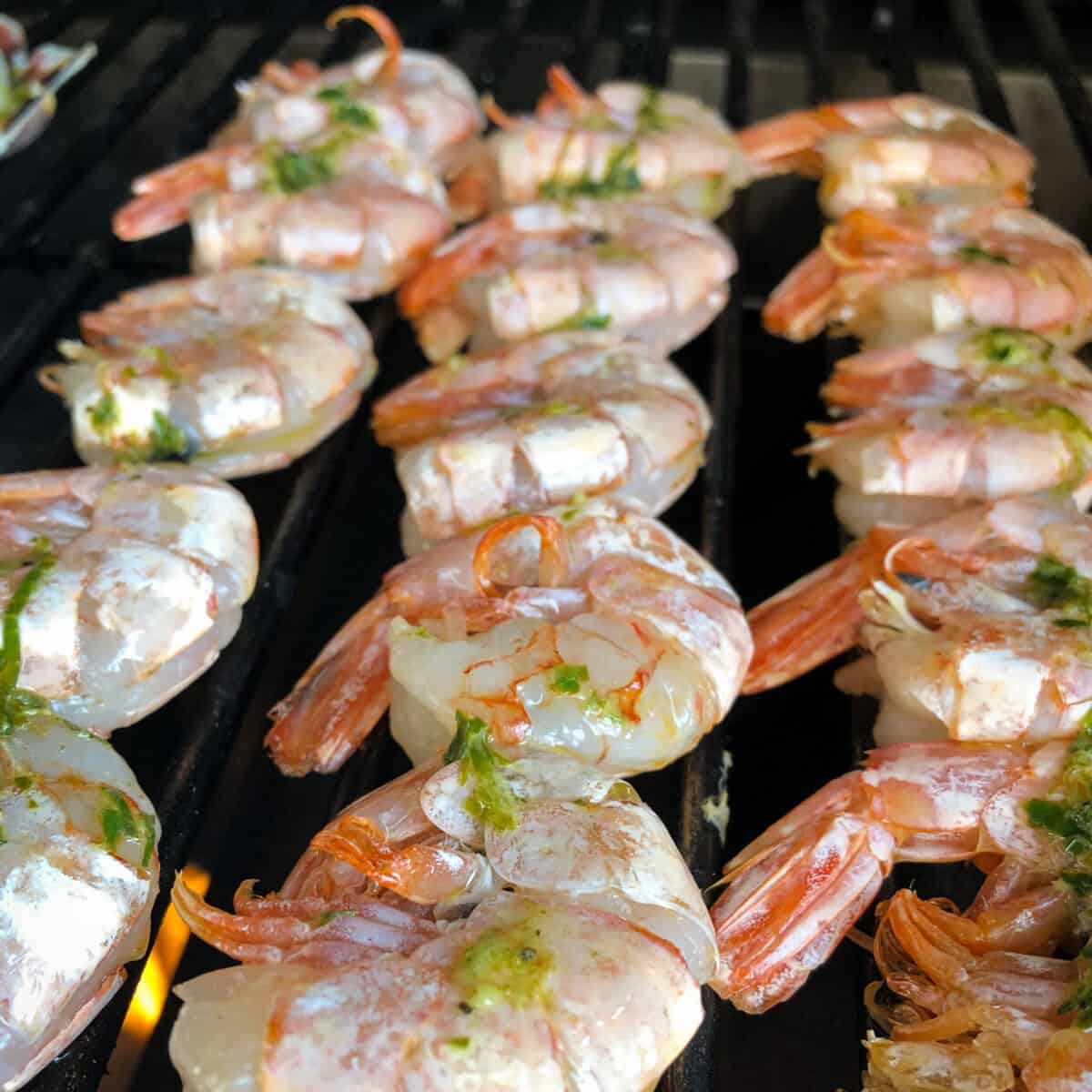 Skewered shrimp getting cooked on grill.