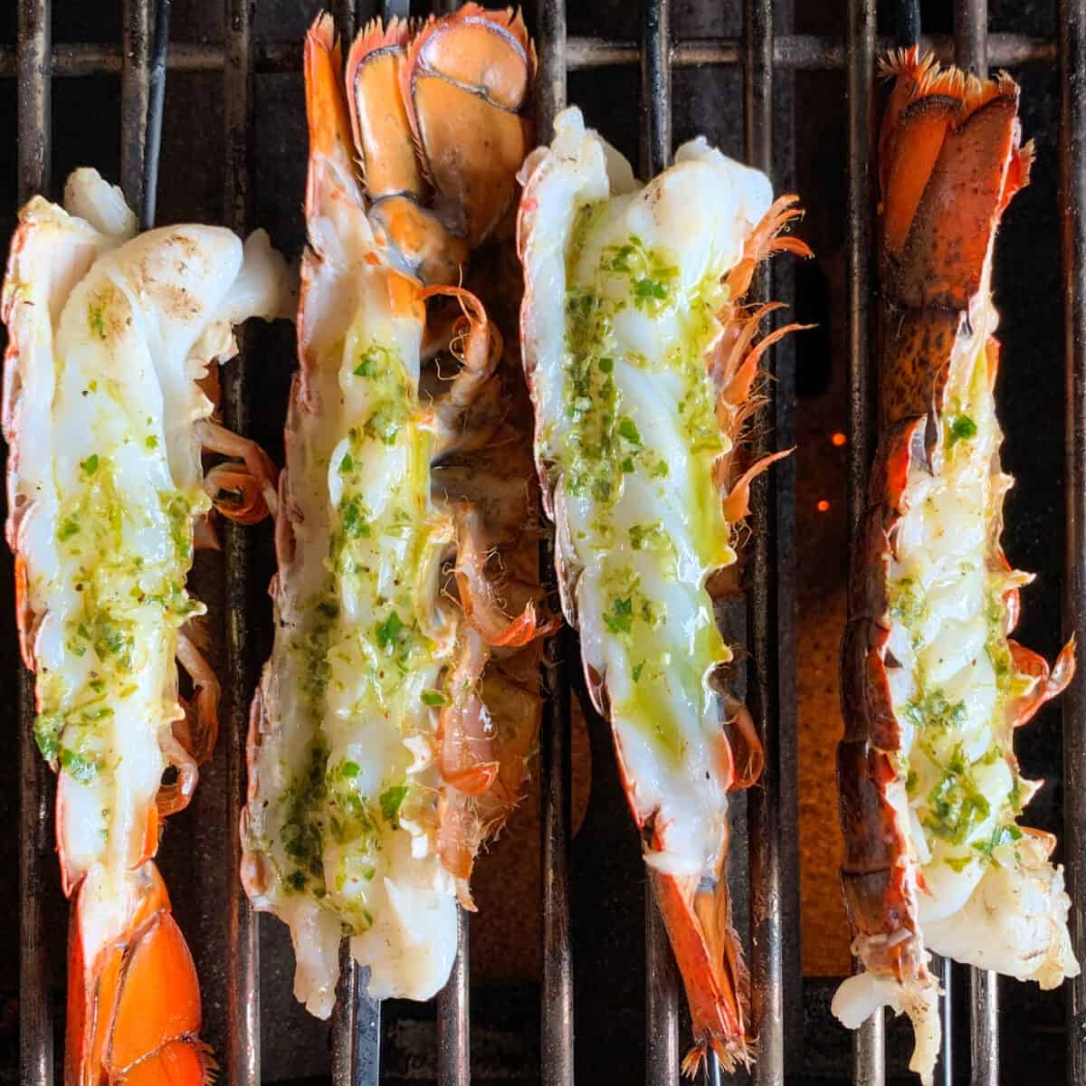 Four split & skewered lobster tails on the grill with a butter sauce.