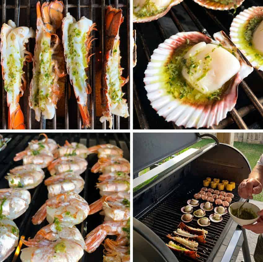 Four images of seafood on the grill. Images of lobster tails, scallops in the shell, shrimp plus a full seafood grill.
