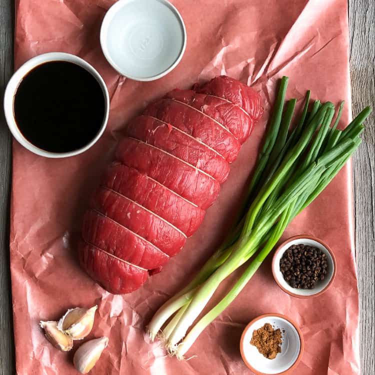 Raw ingredients used for a Sichuan marinade for a beef top sirloin roast. 