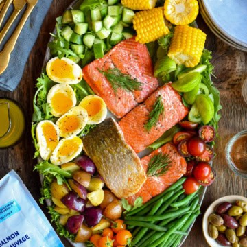 A platter of a Niçoise Inspired Salad with Wild Sockeye Salmon