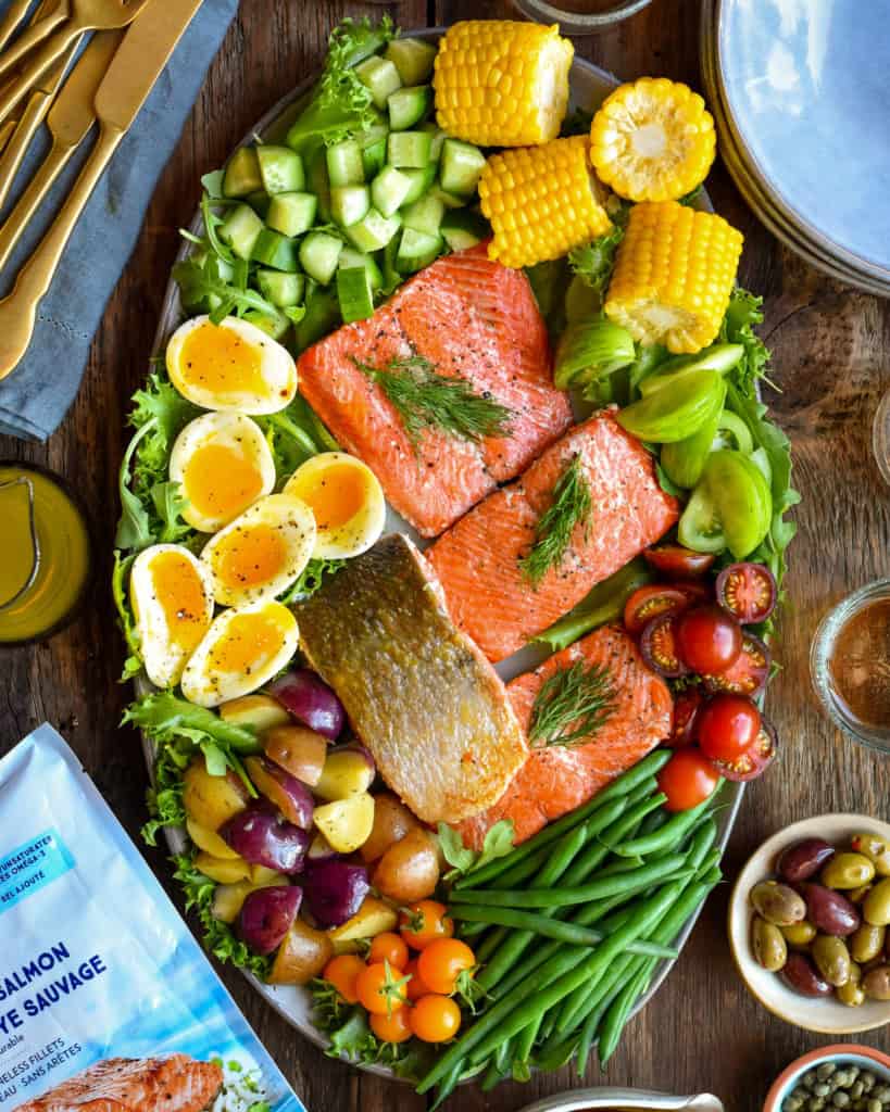 A platter of a Niçoise Inspired Salad with Wild Sockeye Salmon