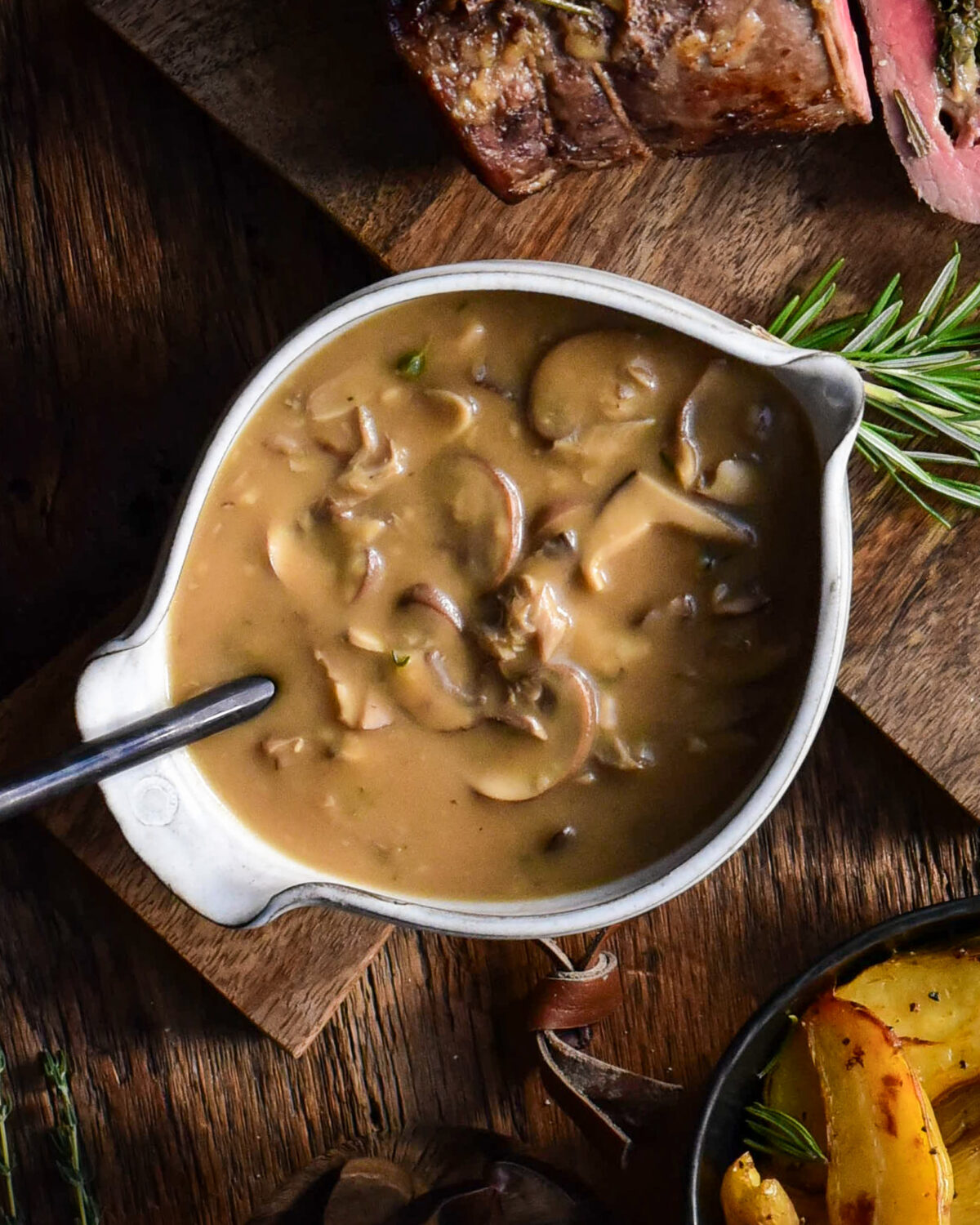 A bowl of mushroom gravy.