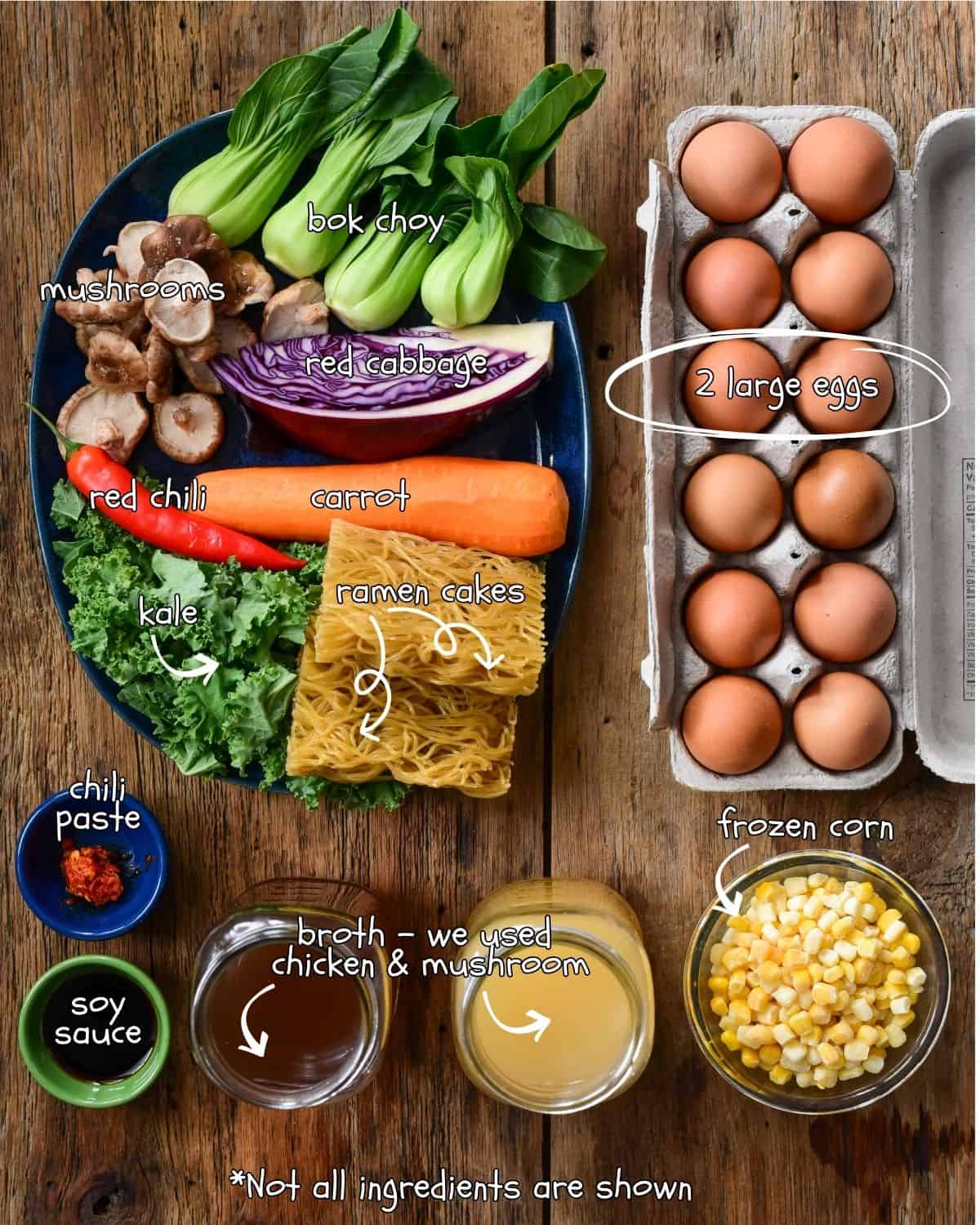 Ingredients for a healthy ramen recipe.