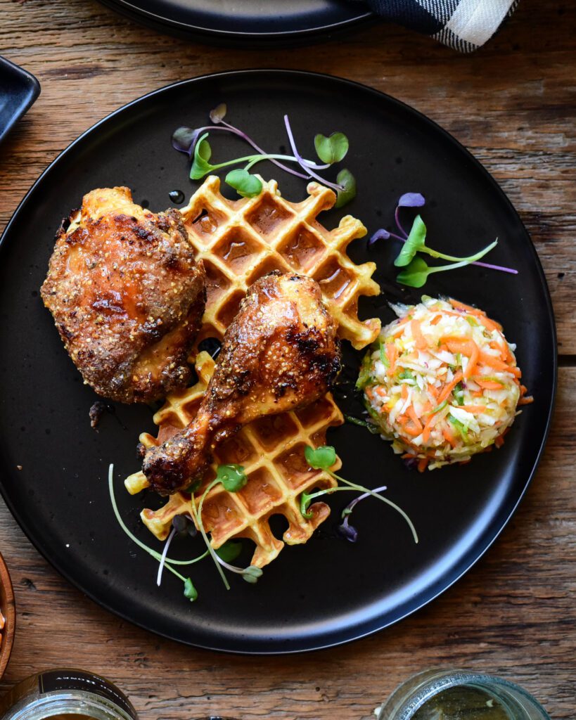 Air Fryer Chicken with Buttermilk Waffles plated with coleslaw