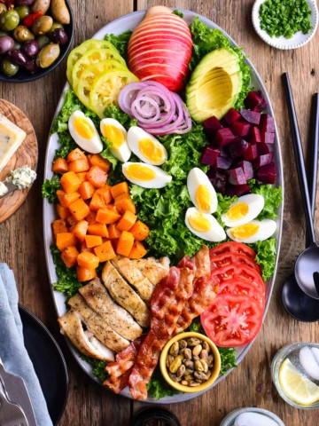 A top-down image of a colourful winter Cobb salad.