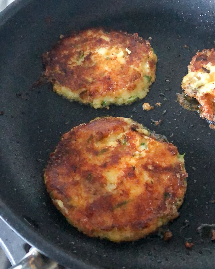 Eggs Benedict on Potato Pancakes - frying and looking very crispy