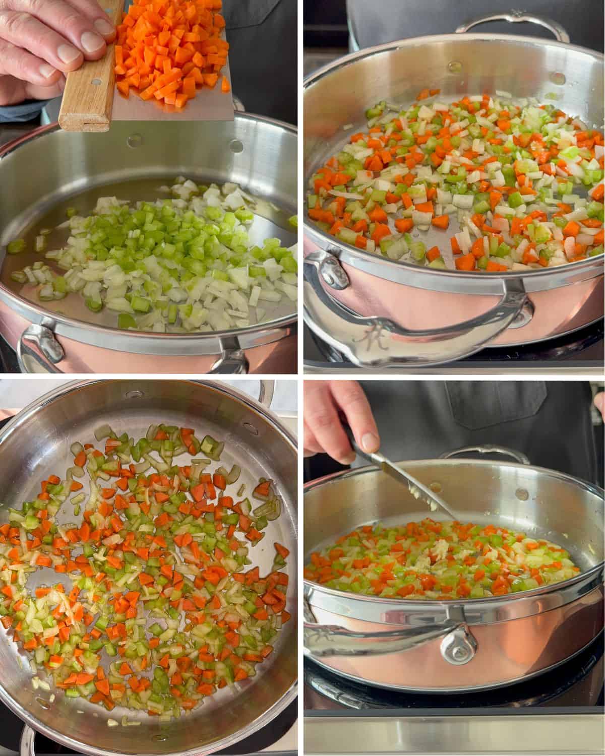 Build the soffritto for the spicy pasta with sausage.