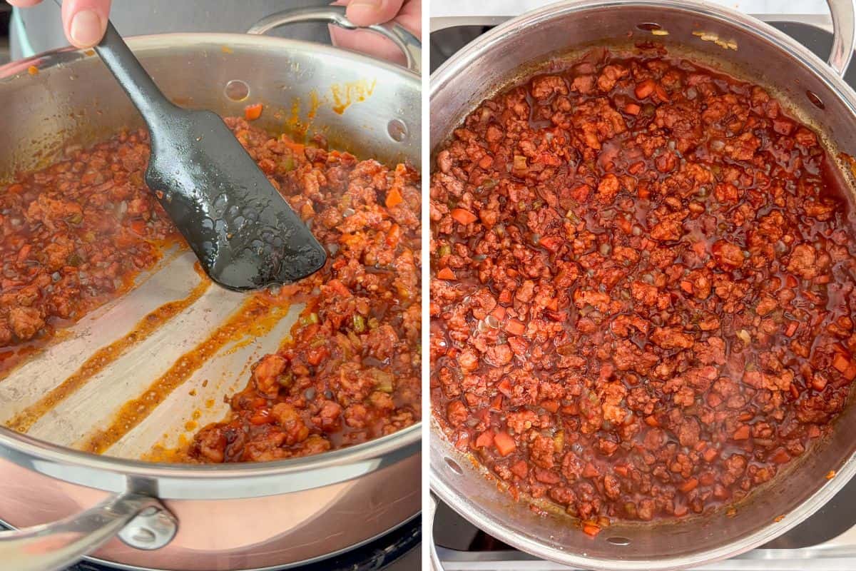 Deglaze the pan with red wine.