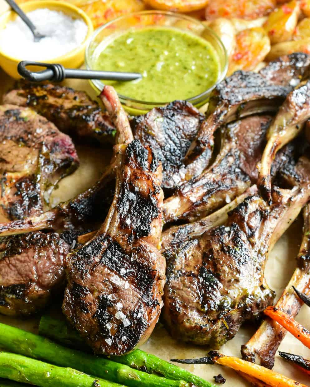 A close up of grilled lamb chops. 