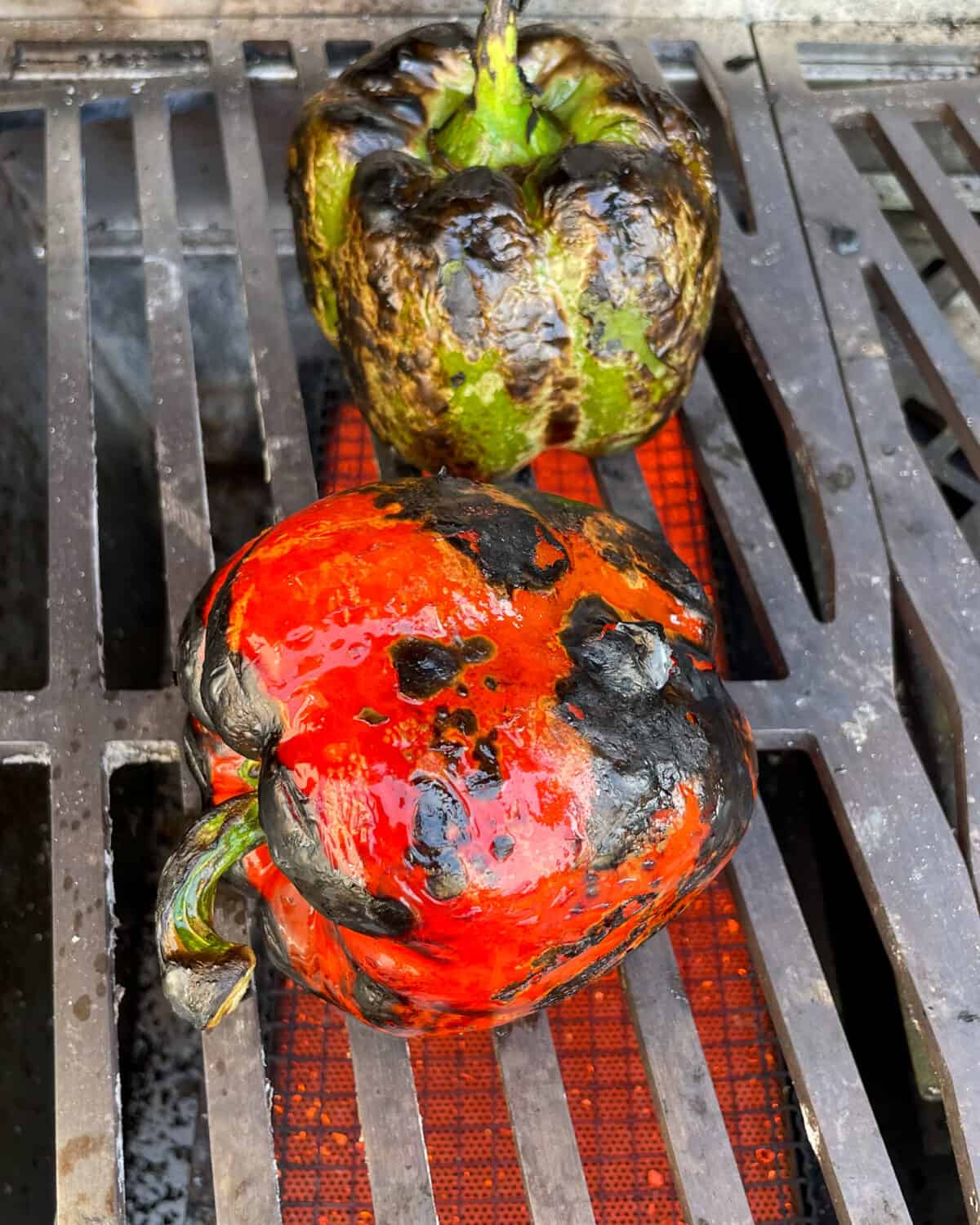 A blistered red and green pepper on the grill.
