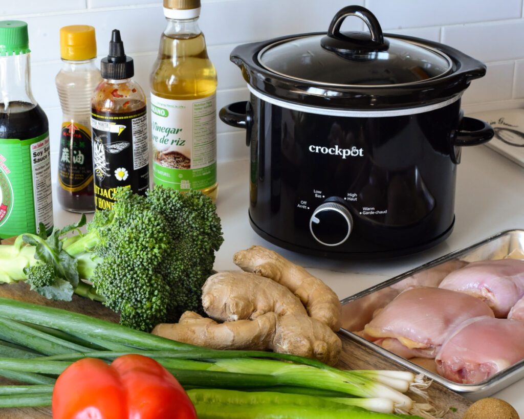 Ingredients are laid out around a slow cooker.