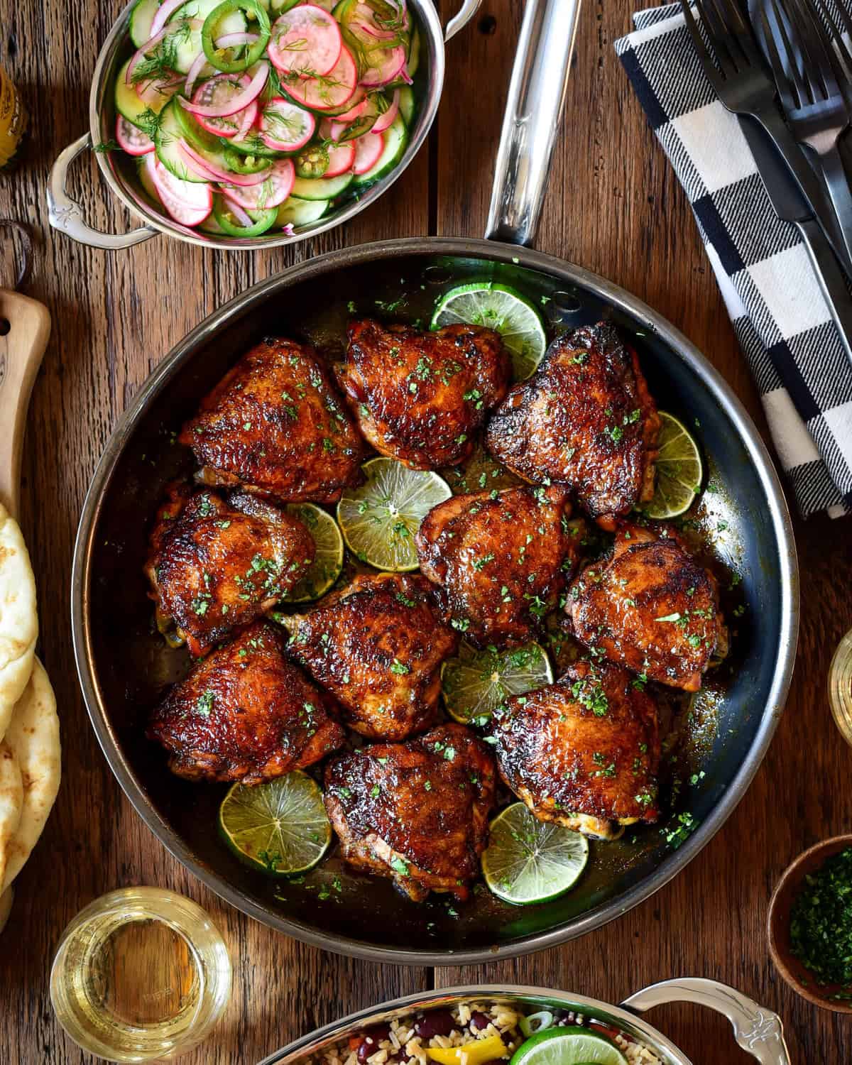 Sticky Rum Glazed Chicken Thighs served with Cucumber and Radish Salad.
