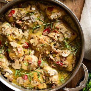 A close up of a finished chicken coq au vin blanc dish. The chicken is in a mushroom sauce with herbs and red peppers.