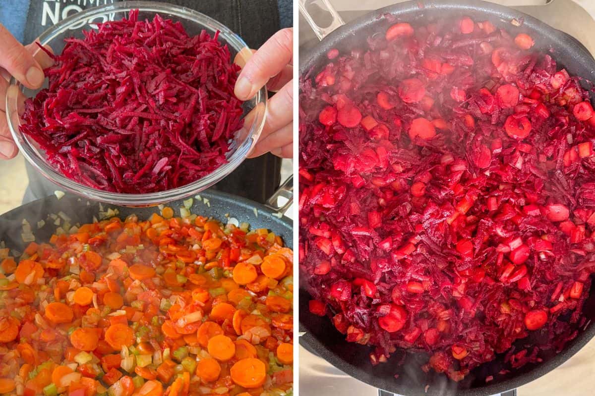 Add the beets to the sauteed vegetables.