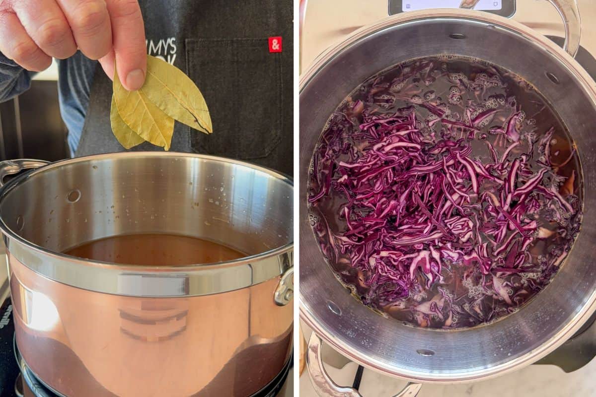 Add the broth, bay leaves, and bring to a boil. Once boiling, add the cabbage, cover, and return to a boil.
