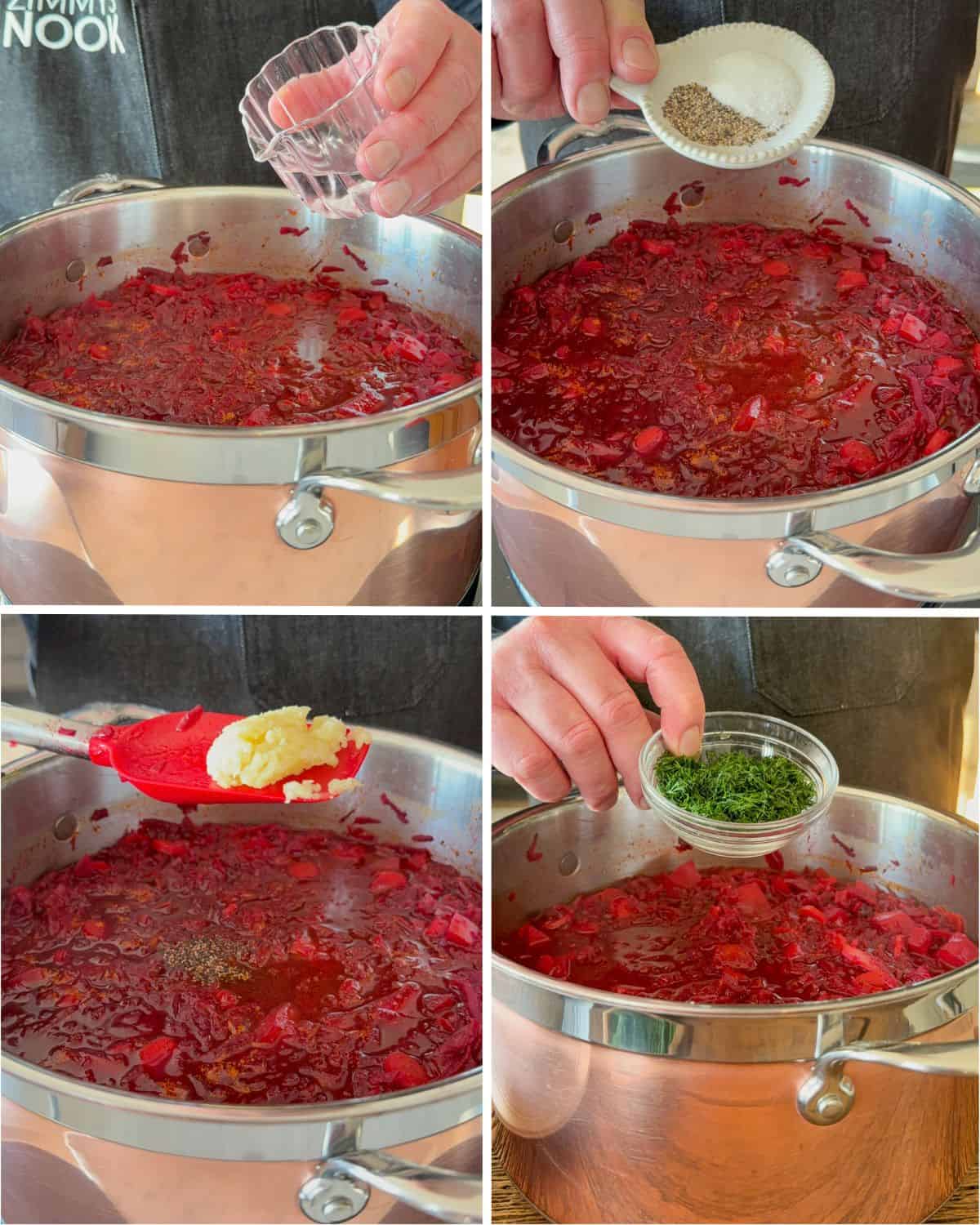 Add the vinegar, sugar, garlic, and black pepper. Stir and let the borsht sit for 10 minutes to allow flavours to meld. Stir in dill and adjust the seasonings to taste. 