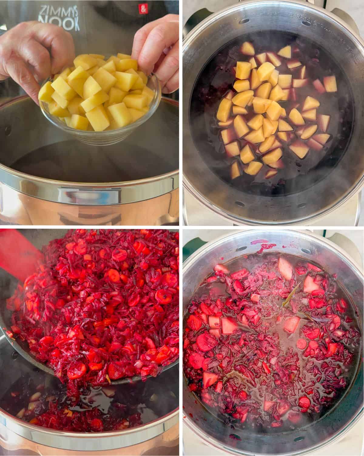 Transfer the potatoes and the sautéed vegetables into the stockpot.