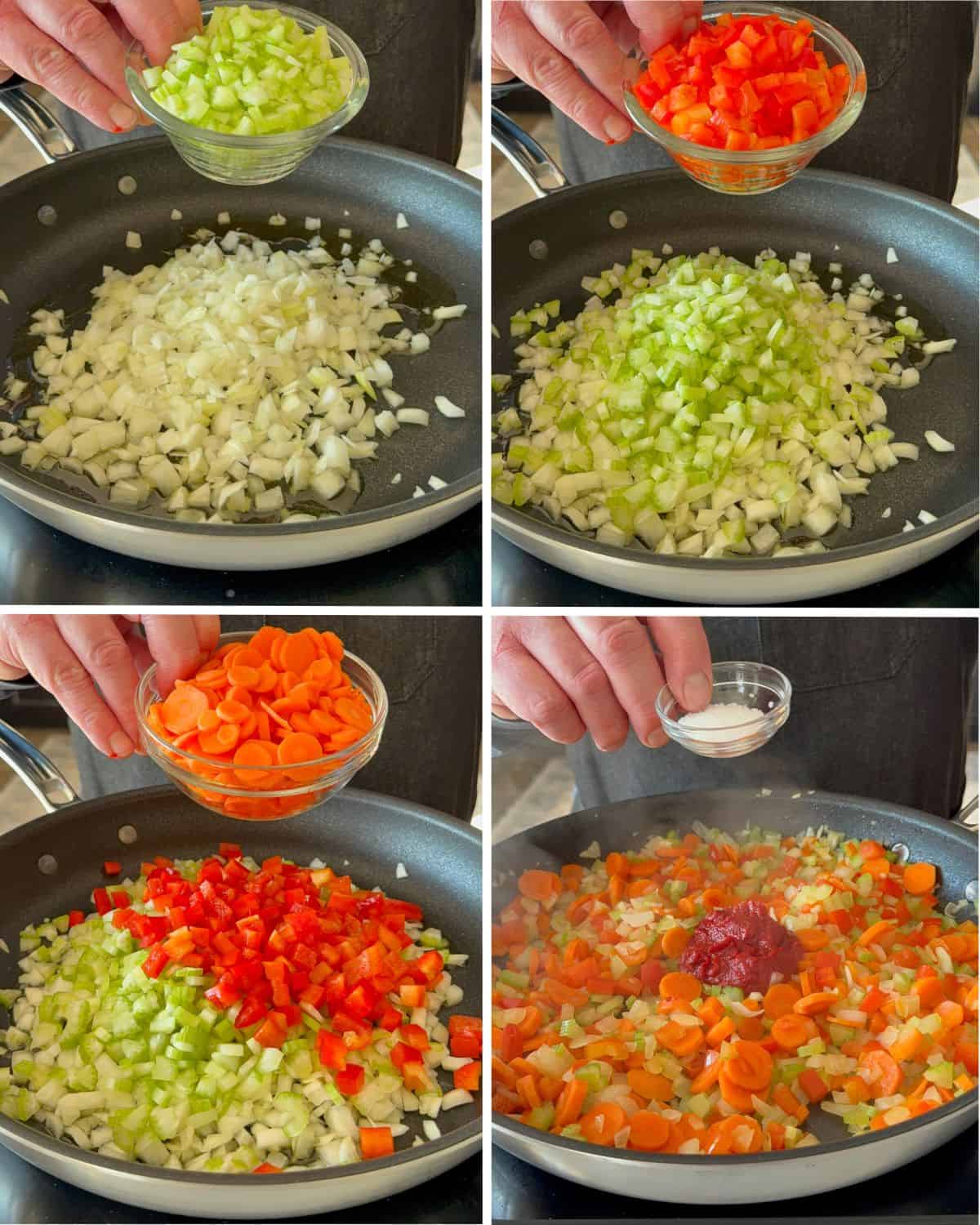 Once the oil is warm, add the onions, carrots, celery, red pepper, tomato paste and salt. Sauté for 5 minutes.