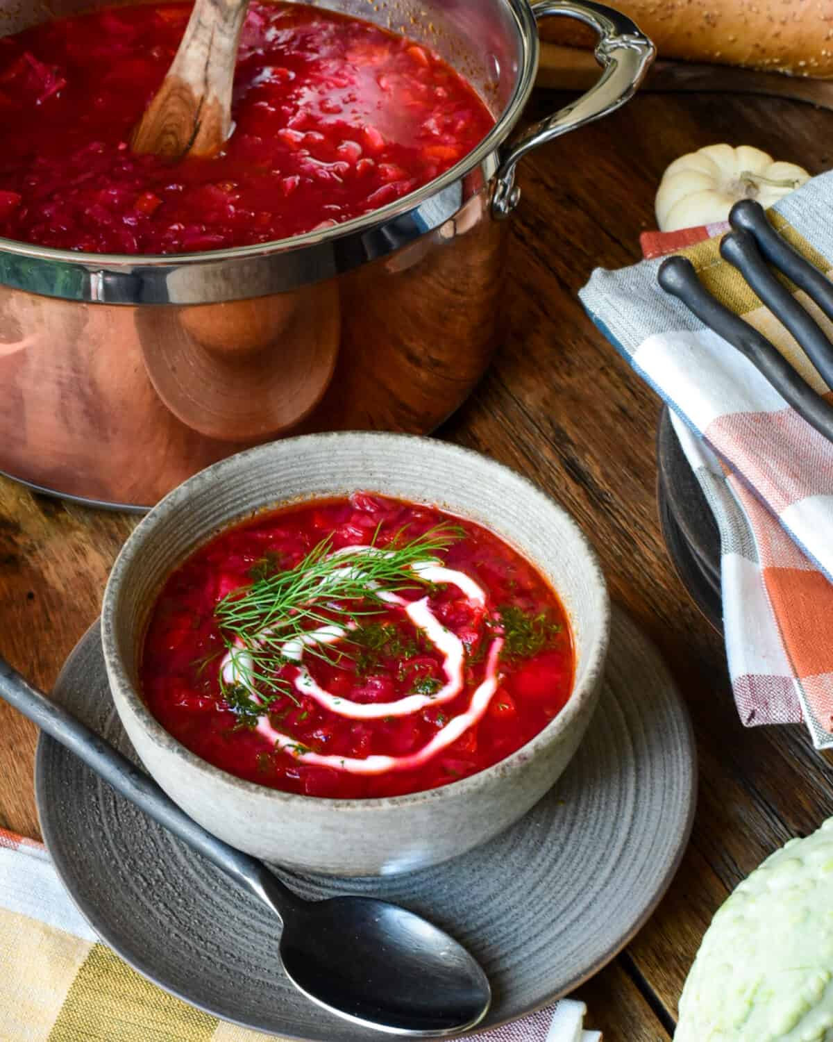 A bowl of Borscht (Beet & Cabbage Soup) topped with a swirl of yogurt and dill. A copper pot filled with more soup is in the background.
