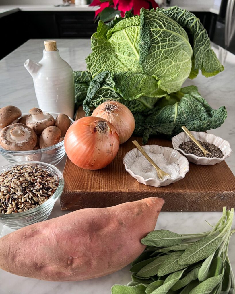 Ingredients for Vegetarian Cabbage Rolls with a Holiday Inspired Filling.