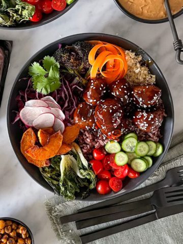 A colourful Thai meatball bowl made using my plant based meatball recipe