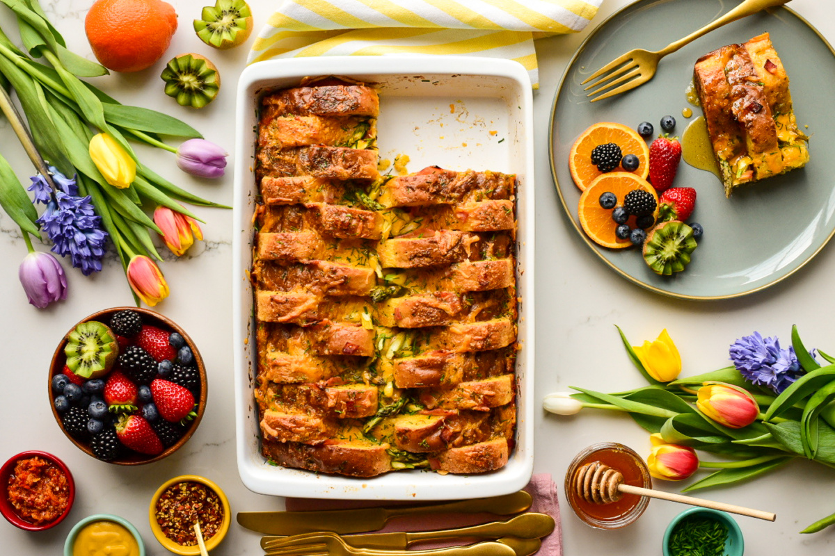 A savoury French toast casserole served with fresh fruit for Easter Brunch.