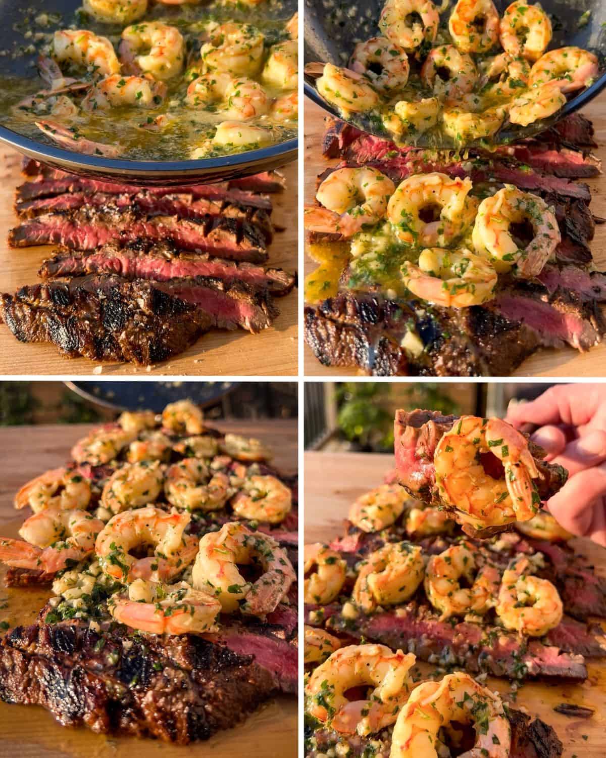 Slice the steak and pour the garlic butter shrimp over it.