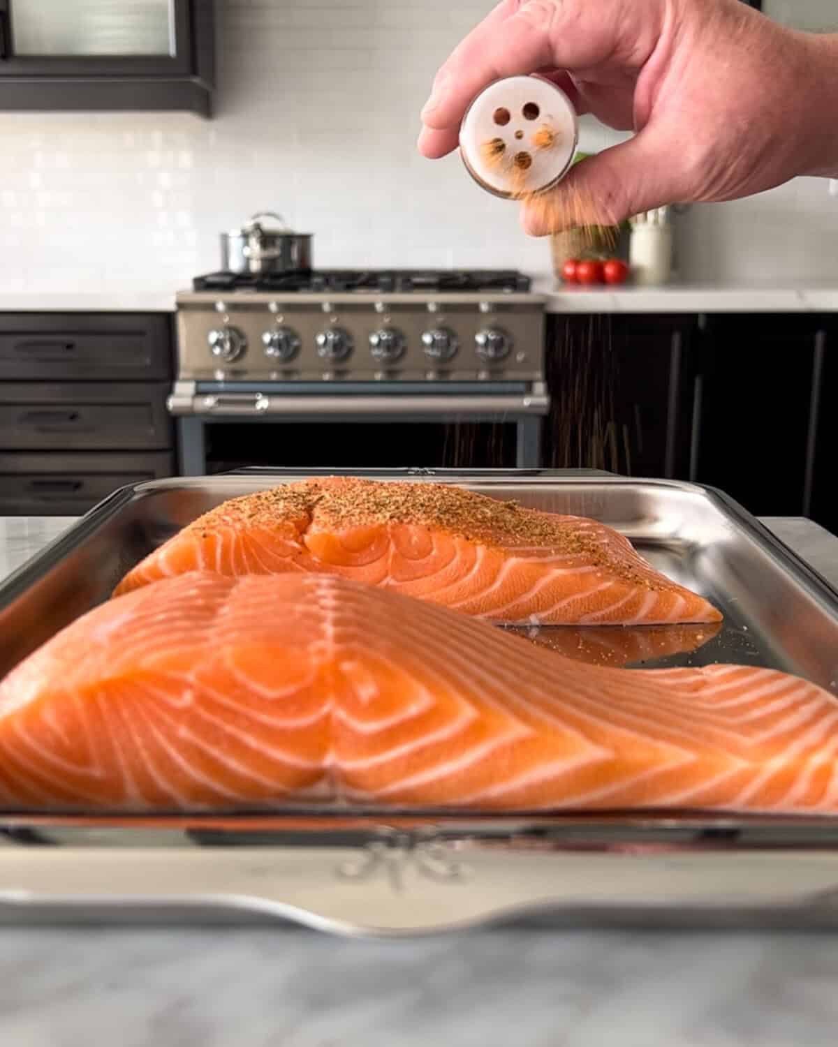 Liberally sprinkle the seasoning over the top, flesh side of the salmon.
