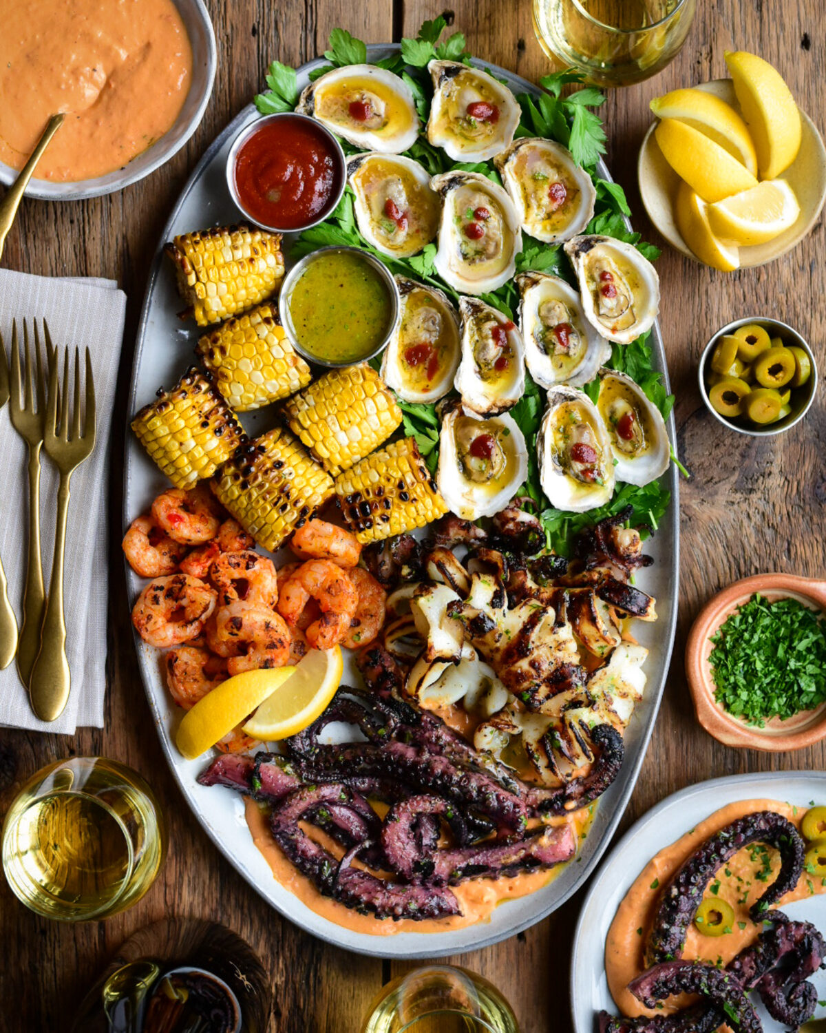 Beautifully charred, tender sous-vide octopus and calamari. Plump, juicy, spicy shrimp and baked oysters. Served with corn, lemon-herb dressing and spicy red pepper hummus.