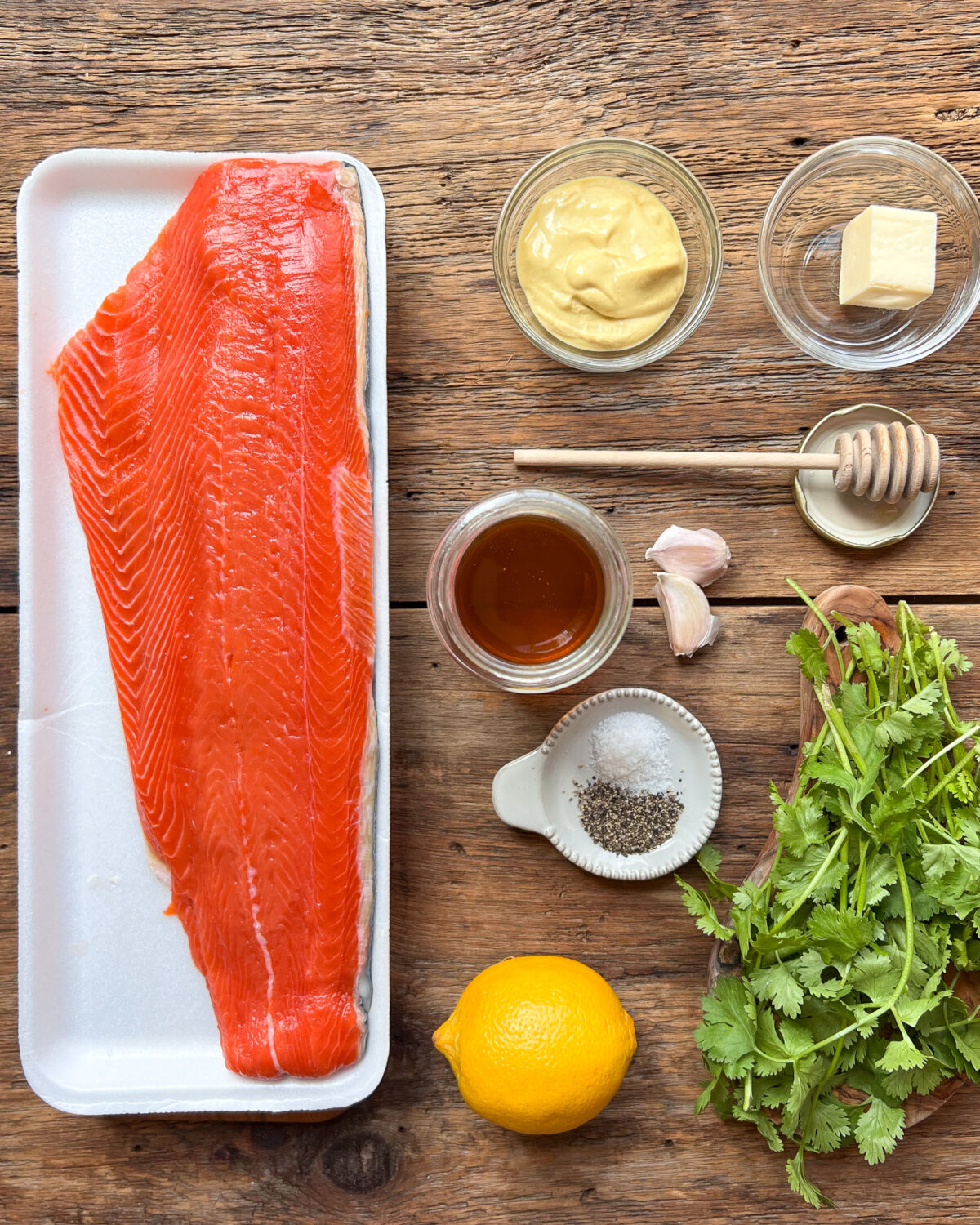 Ingredients laid out to make a cedar planked salmon recipe.