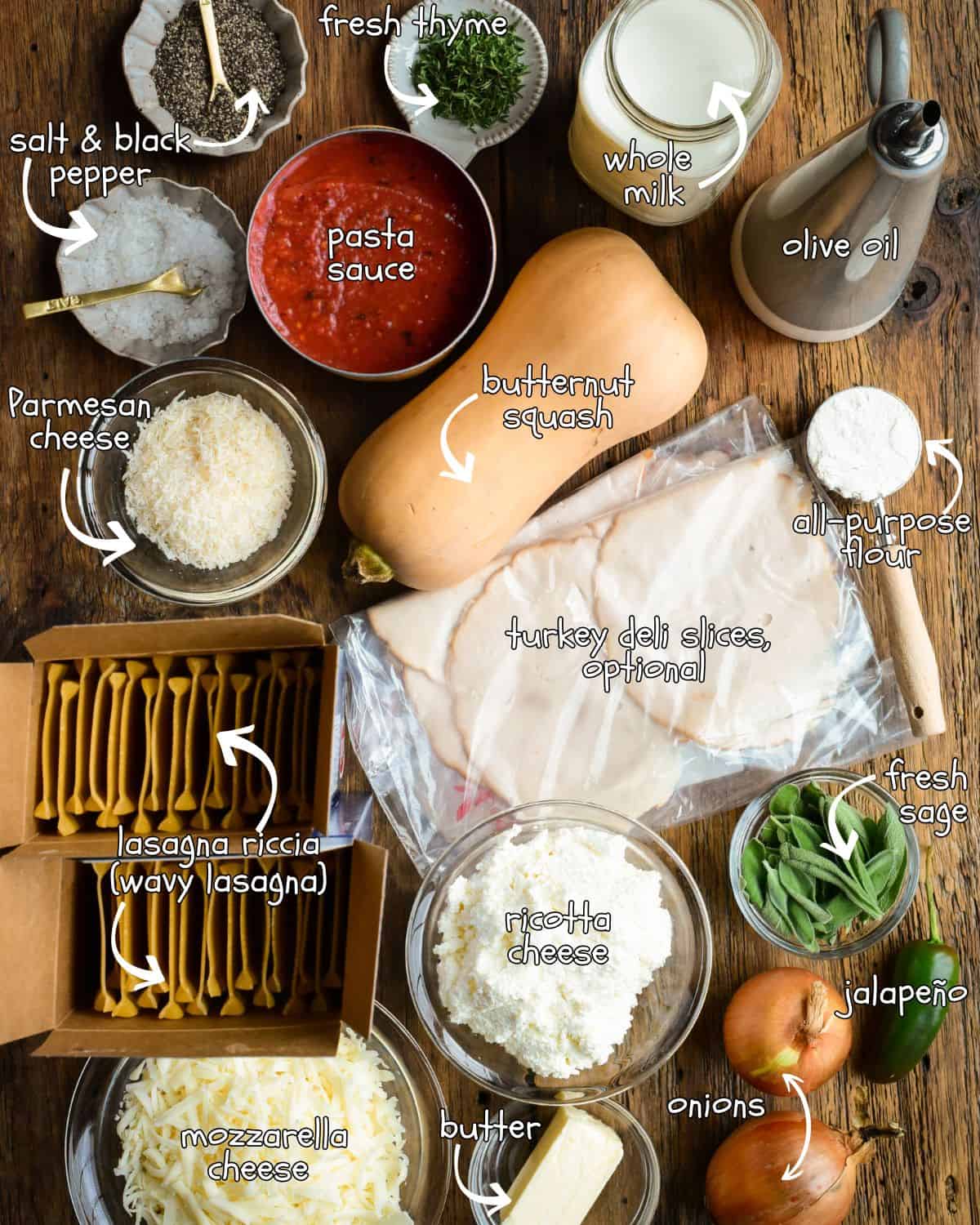 Ingredients for a butternut squash lasagna roll-ups recipe.