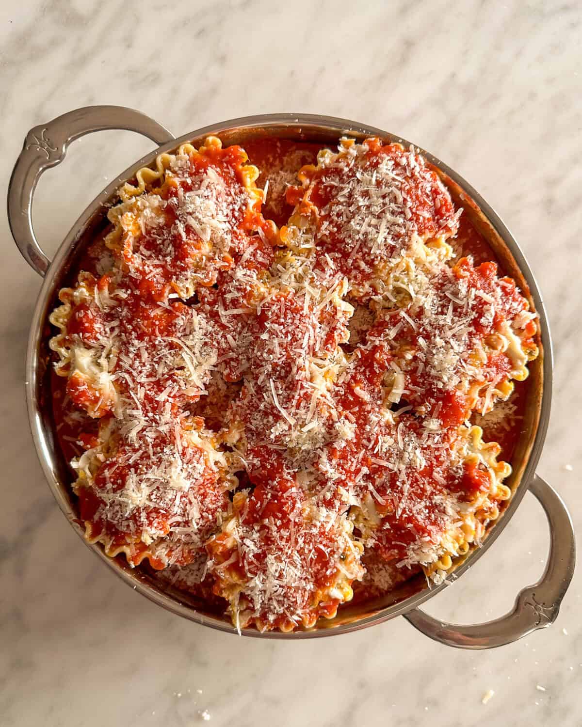 Lasagna roll ups ready for baking.