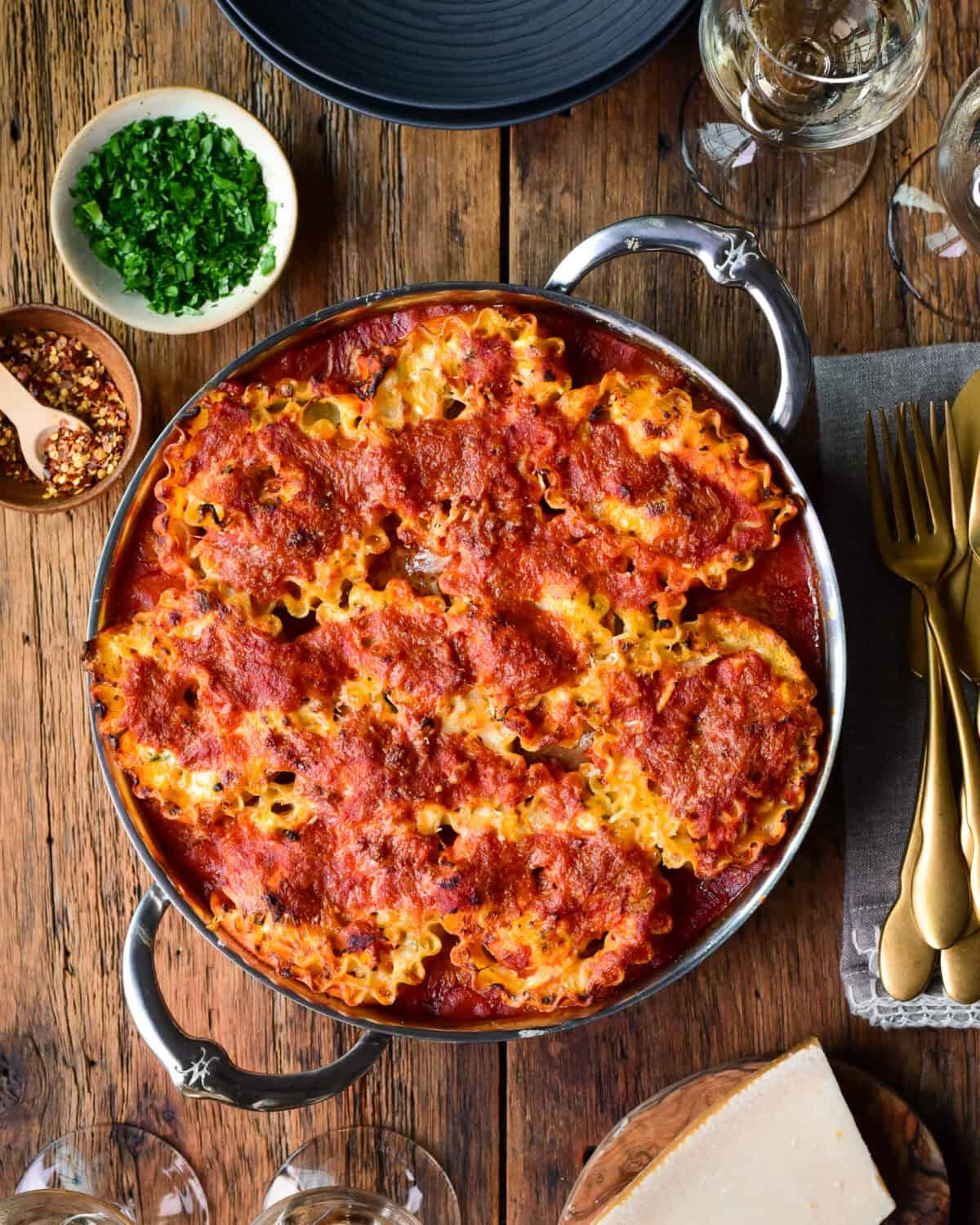 A baked pan of Butternut Squash Lasagna Roll Ups.