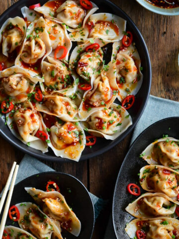 Shrimp Wontons served with a Spicy Sauce.