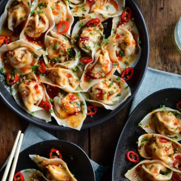 Shrimp Wontons served with a Spicy Sauce.