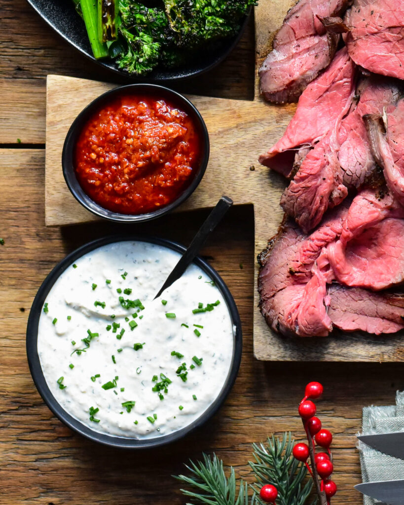 A horseradish cream sauce for roast beef with chives.