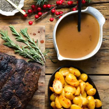 A bowl of Make Ahead Beef Gravy with no Drippings.
