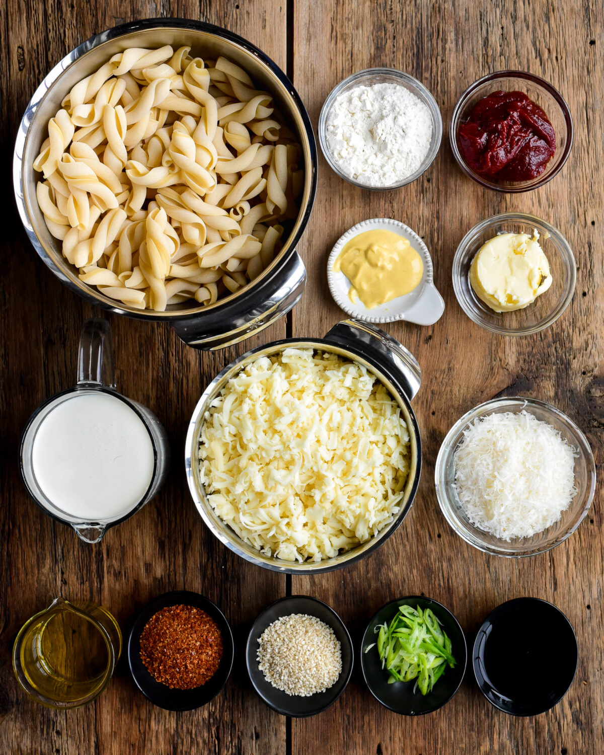 Ingredients for gochujang mac and cheese recipe.