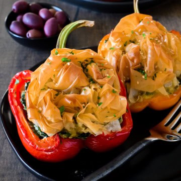 Spanakopita Stuffed Peppers with a crispy phyllo rose topping.