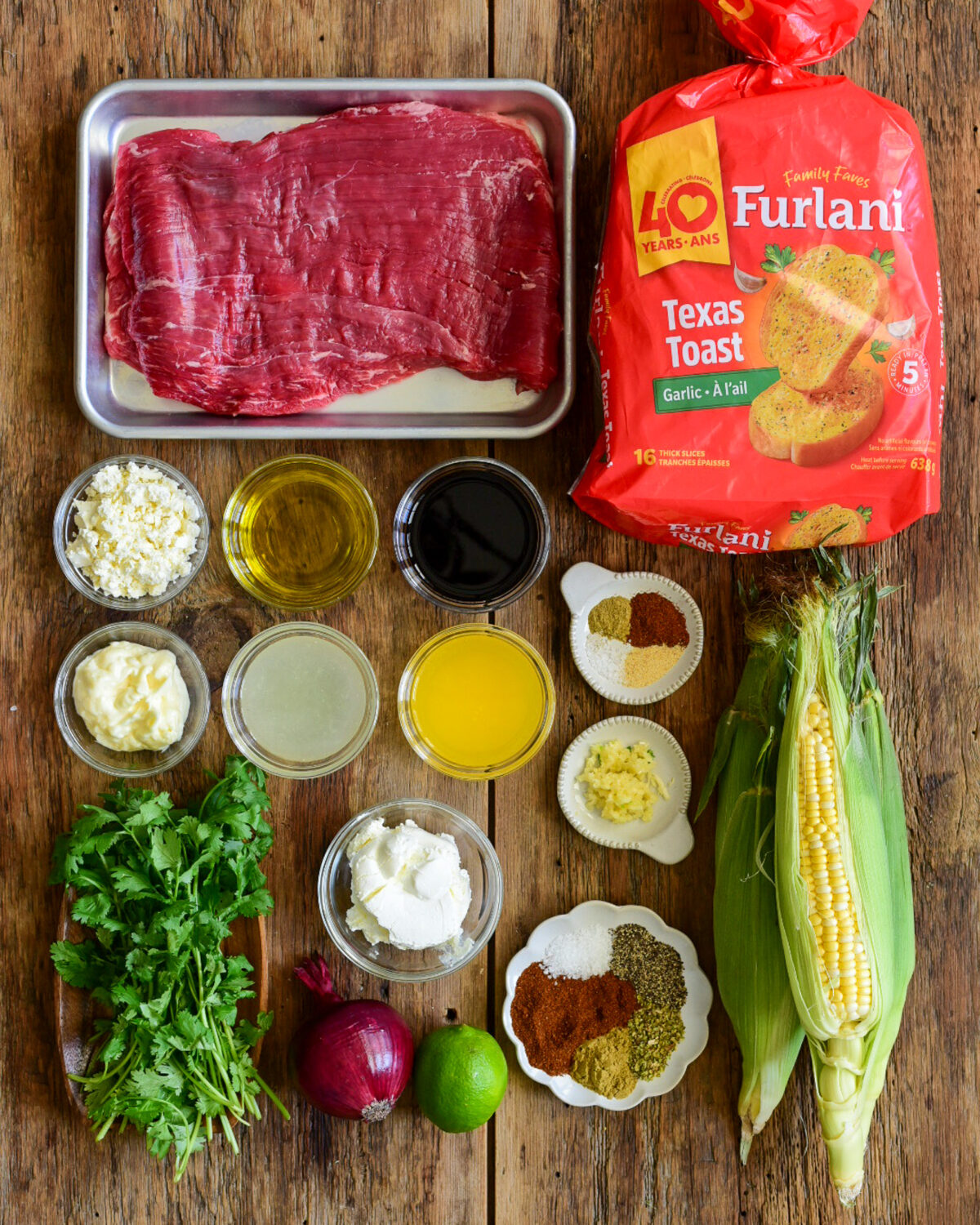 Ingredients laid out for Flank Steak with Street Corn Mayo on Garlic Toast.