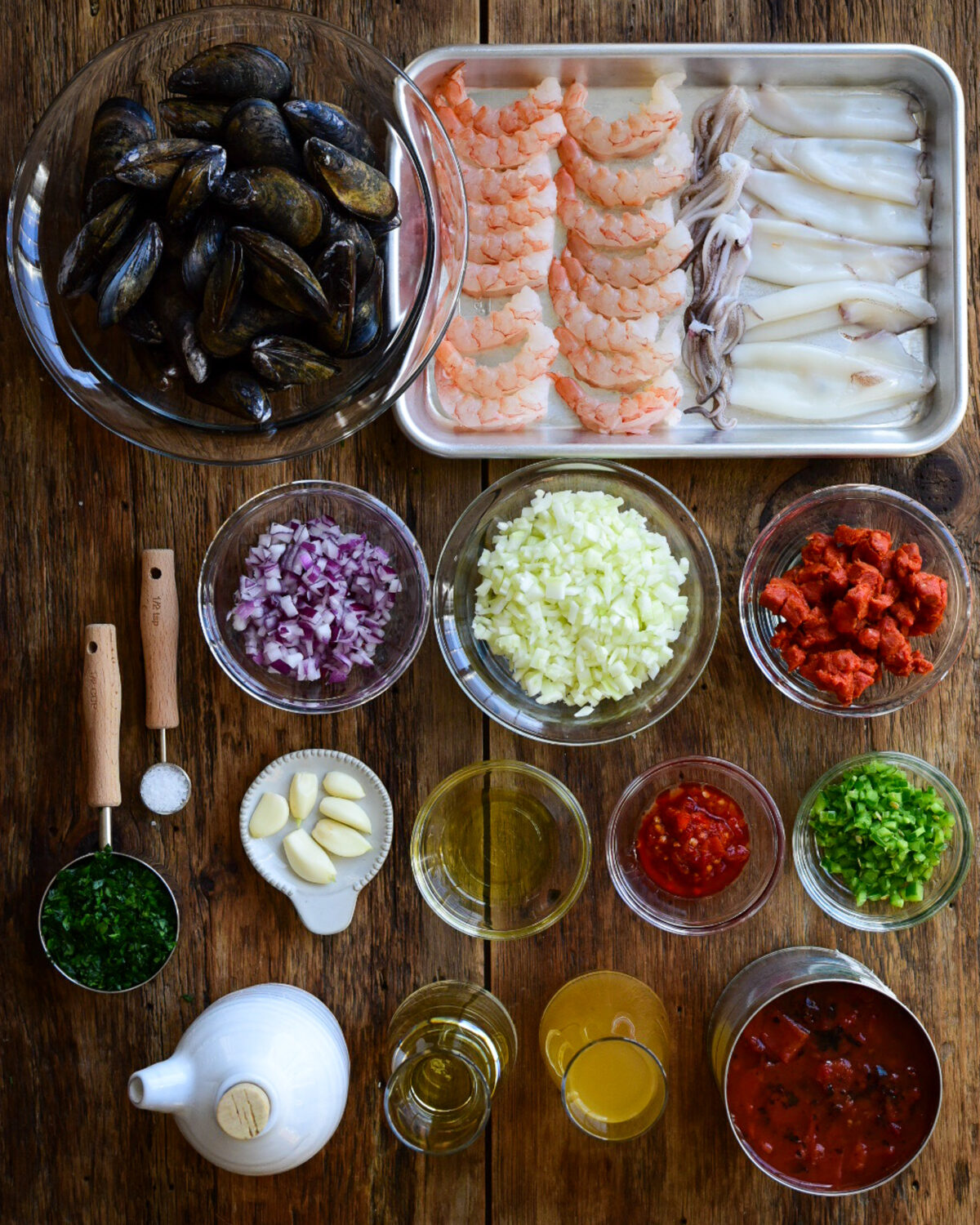 Ingredients laid out for a Spicy 'Nduja Seafood in Tomato Broth recipe. 