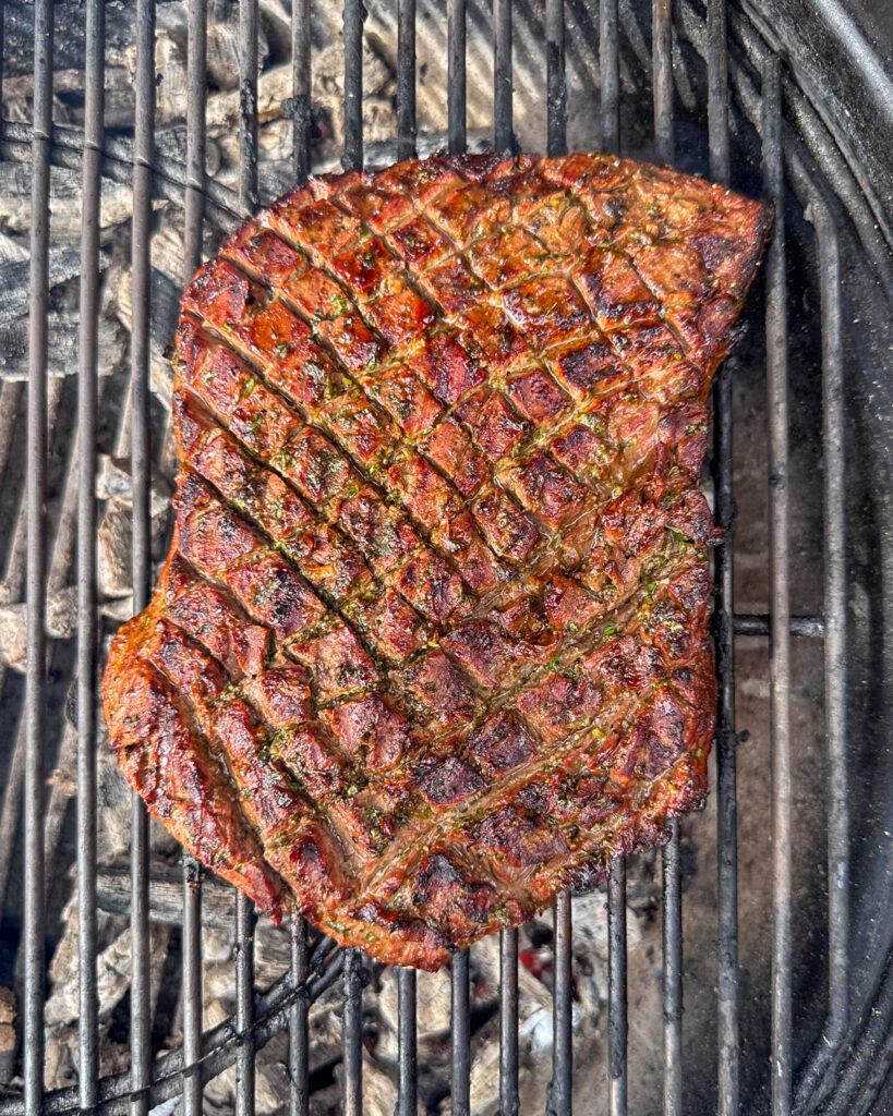 Cook until both sides are nicely charred, and the internal temperature is between 127˚F to 130˚F in the thickest part (for medium rare), 3 to 5 minutes on each side. 