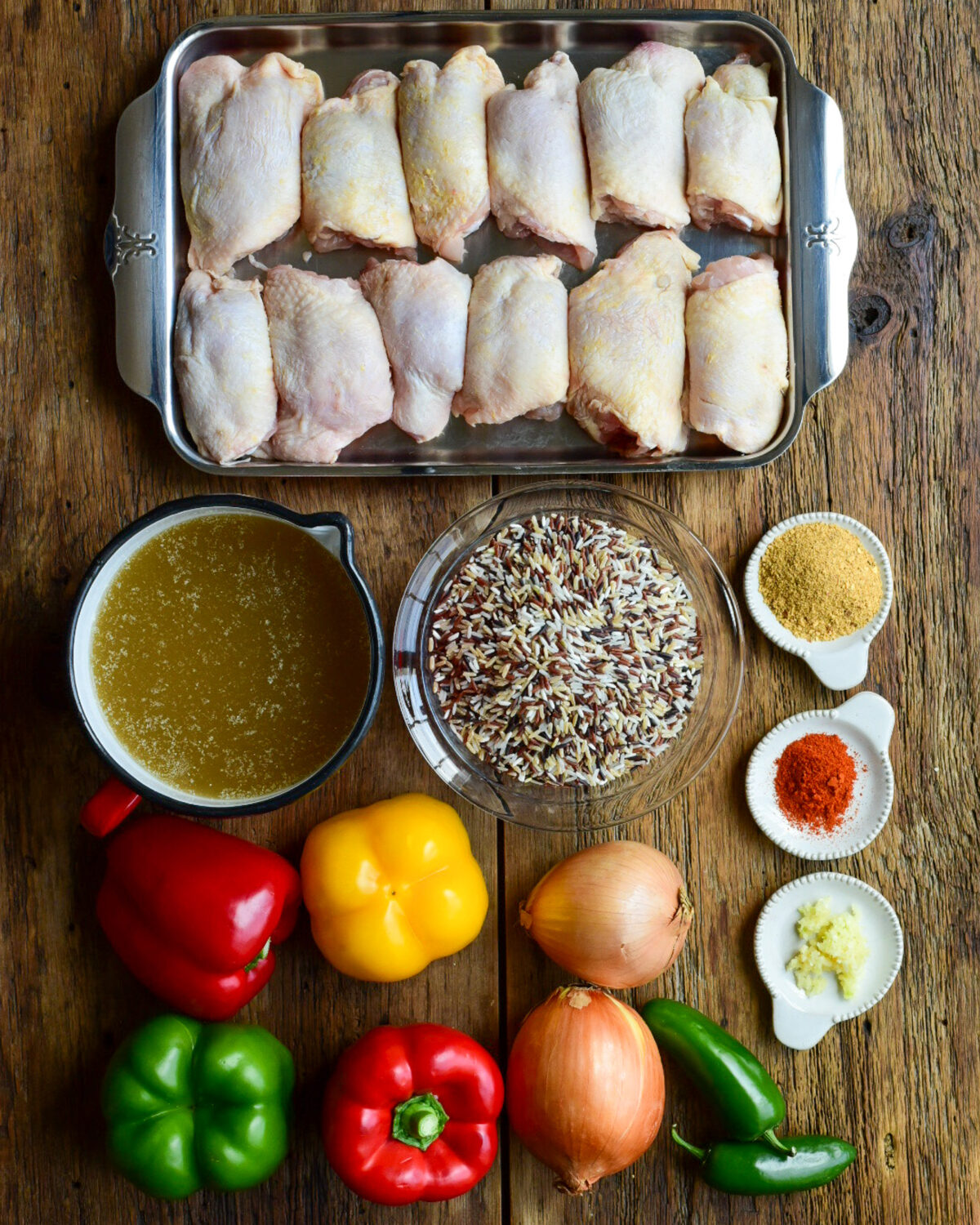 Ingredients for a peri peri chicken and spicy rice recipe.