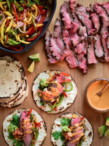 A spread of Air Fryer Flank Steak Fajitas.