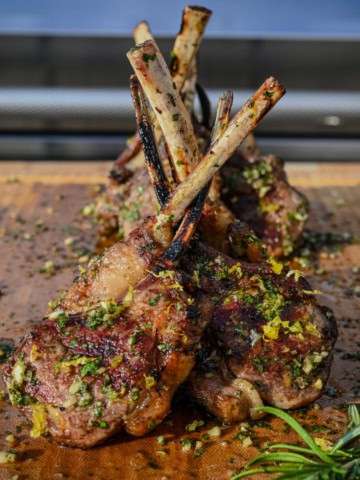 A stack of Grilled Lamb Chops with Board Sauce.